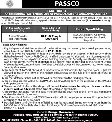 PASSCO Lahore Tender Notice